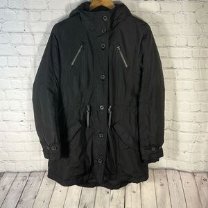 Athleta Jacket Womens Medium Black Voyager Utility Parka Hooded Cinch Waist‎